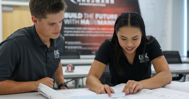 Michael Brands and Megan Dang are among the 80-plus students studying construction management at UNK. The program boasts a 100% job placement rate for graduates. (Photo by Erika Pritchard, UNK Communications)